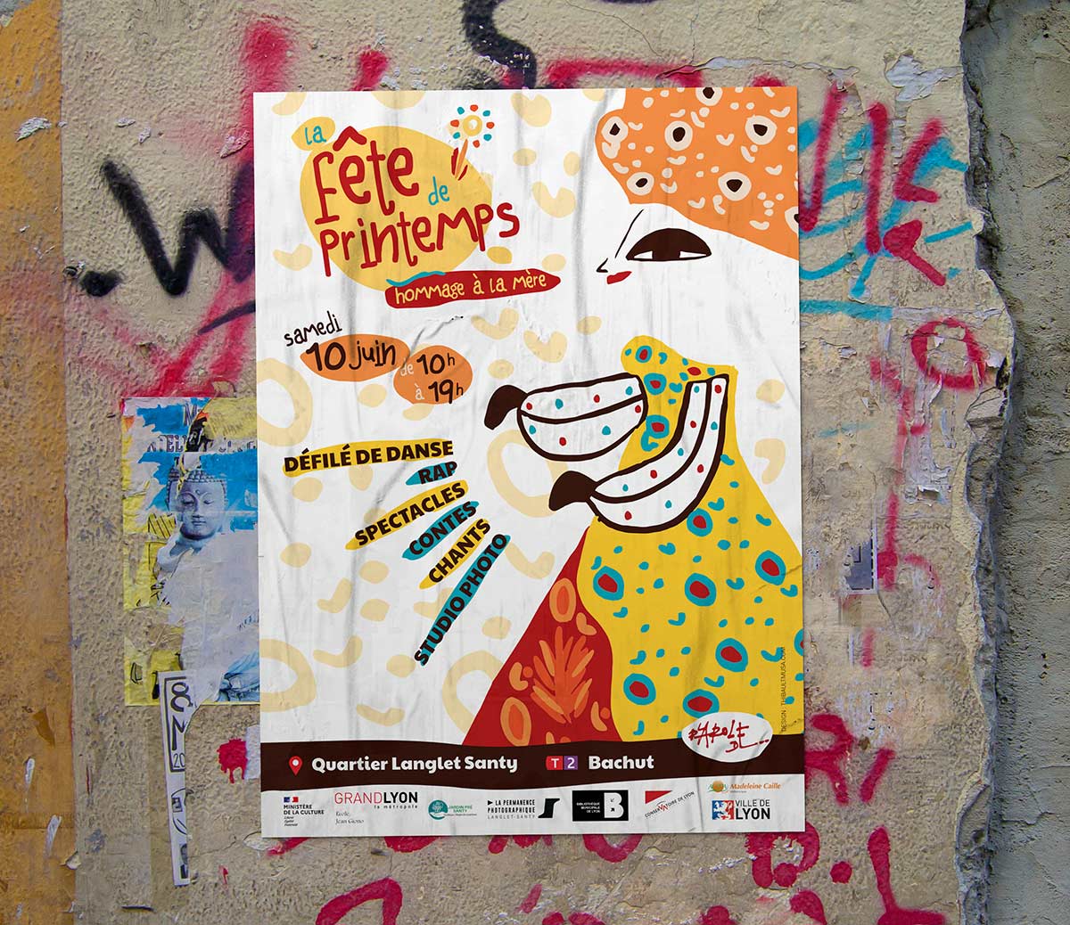 Affiche de la fete de printemps pour la compagnie de theatre la parole de collée dans la rue